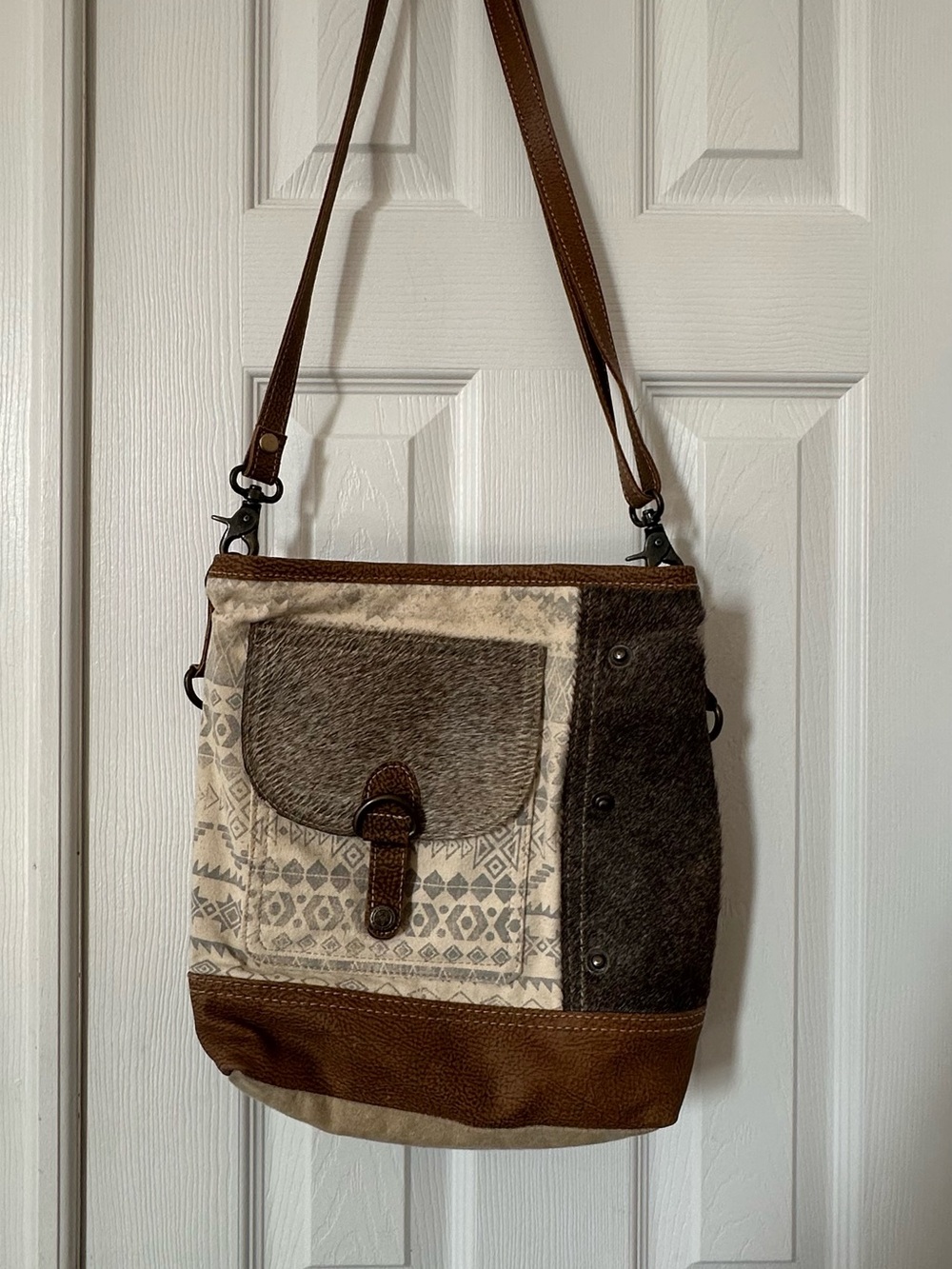 Myra Bag Cream and Brown Patterned Crossbody with Leather Trim